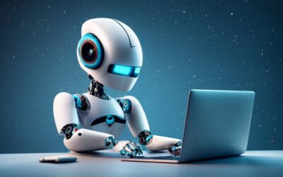Bildliche Illustration eines Roboters vor einem Computer / Chatbot