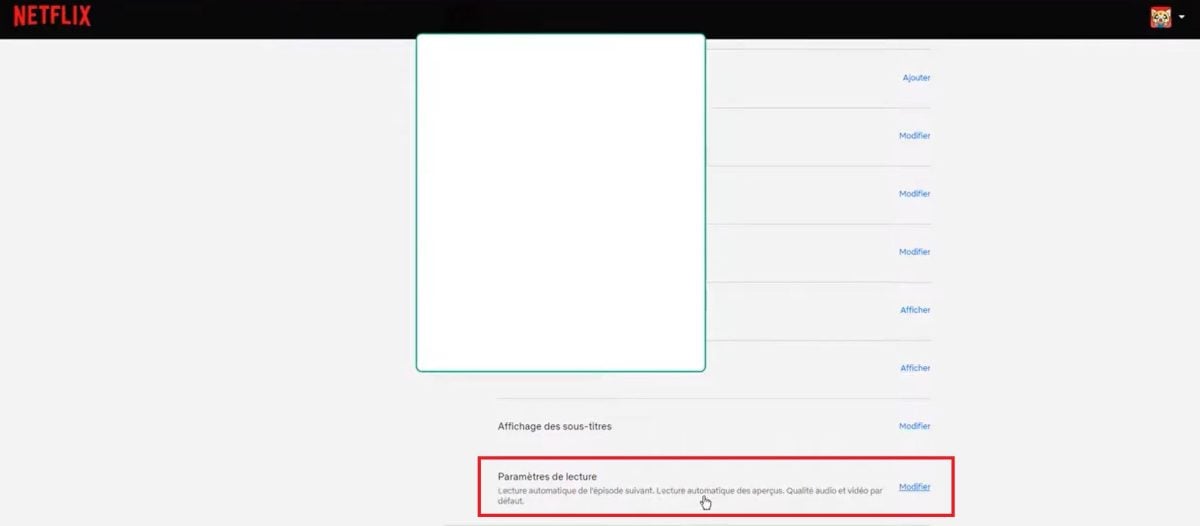 Netflixのアカウント設定にある「再生設定」メニューのスクリーンショット。.