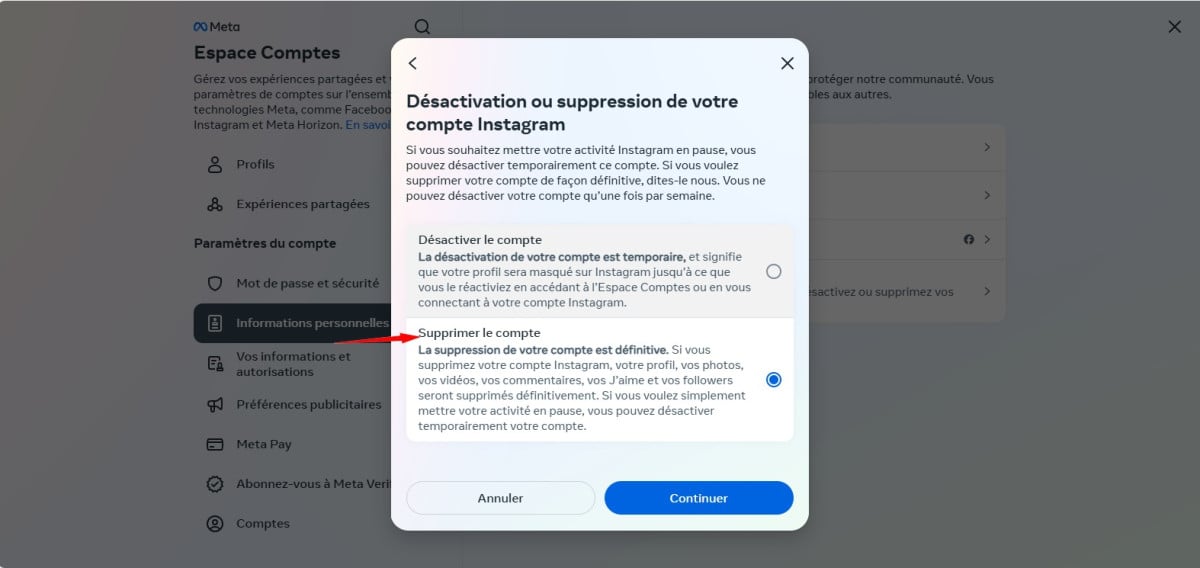 Layar di Instagram, di menu Ruang Akun, di mana Anda perlu mengklik akun yang ingin Anda hapus