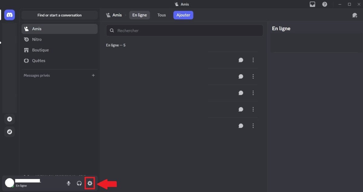 La roue dentée sur Discord pour accéder aux paramètres en image