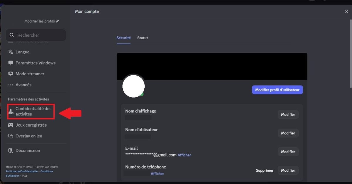 L'option Confidentialité des activités sur Discord en image