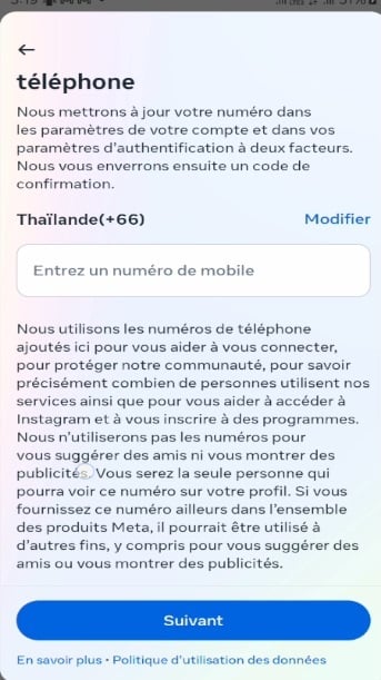 Campo a rellenar para introducir el número de teléfono para asegurar una cuenta de Instagram
