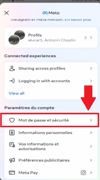 "Contraseña y seguridad" en Insta