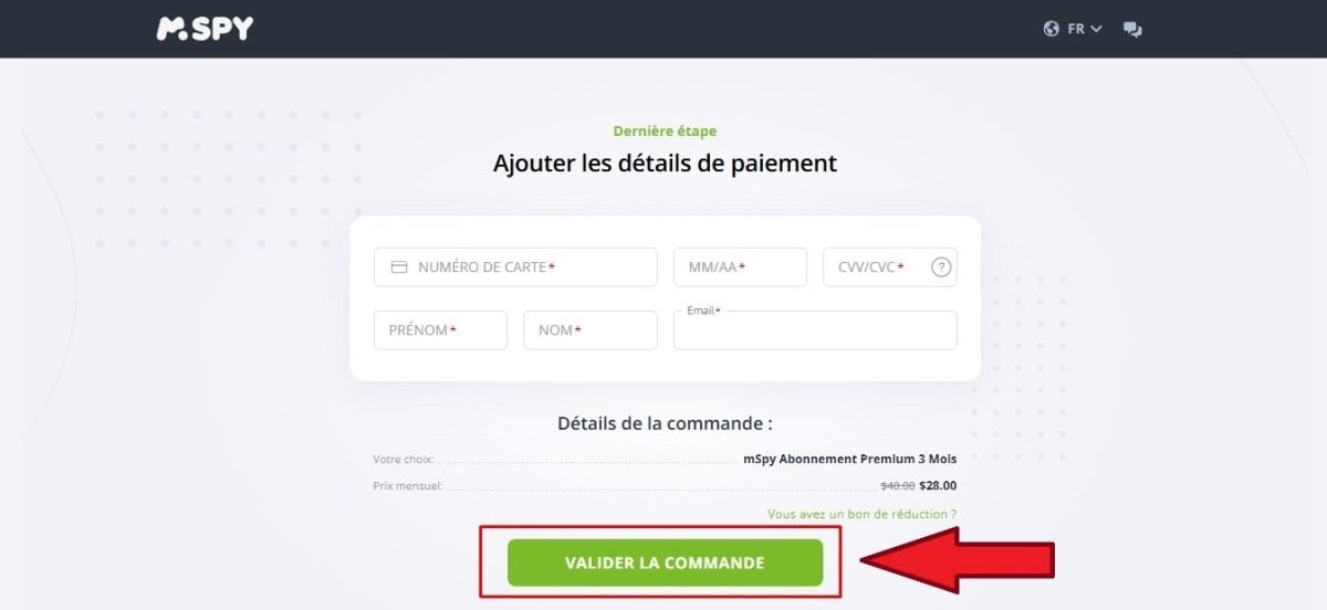 Confermare il pagamento del servizio su mSpy