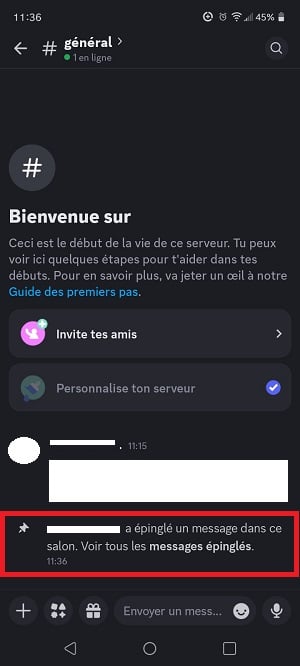 Notification qui confirme l'épinglage du message Discord sur mobile