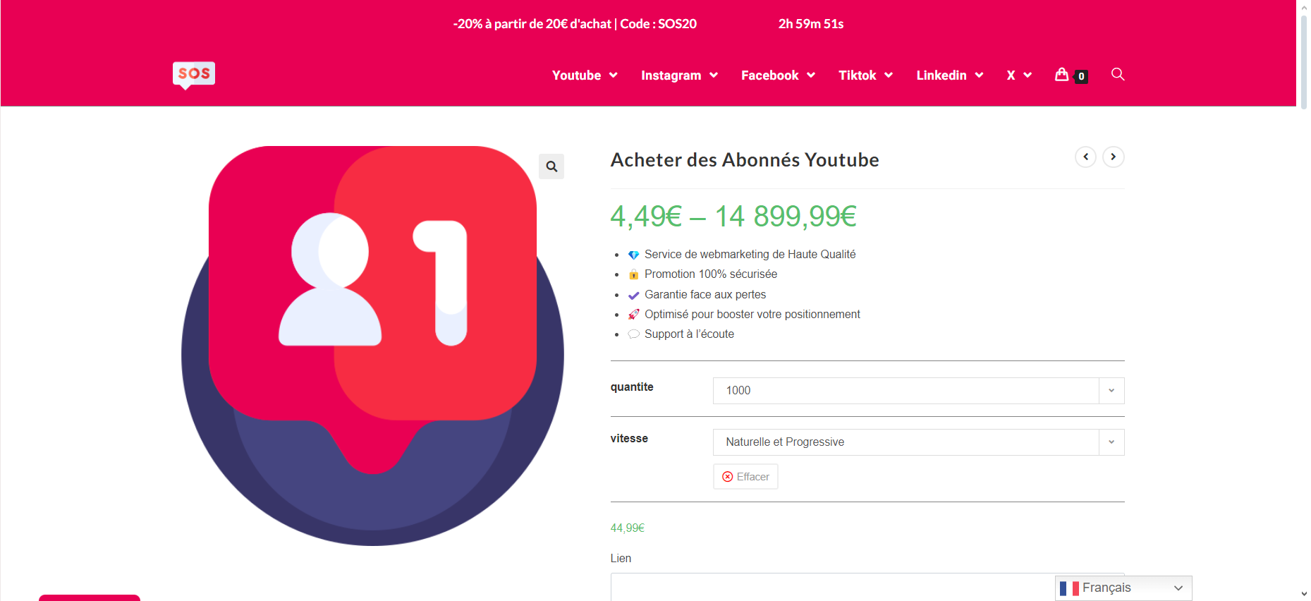 Here's an overview of the prices offered by Sosvues for the purchase of YouTube ©️ Karen subscribers for Alucare.fr