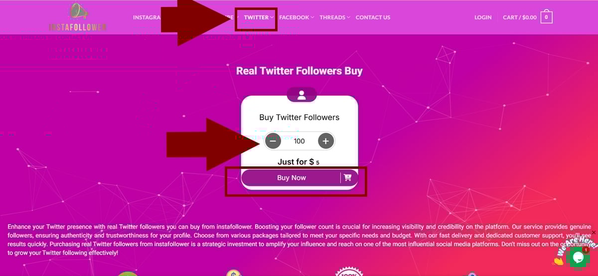 Twitterをクリックし、必要なXフォロワーの数をクリックし、今すぐ購入する.