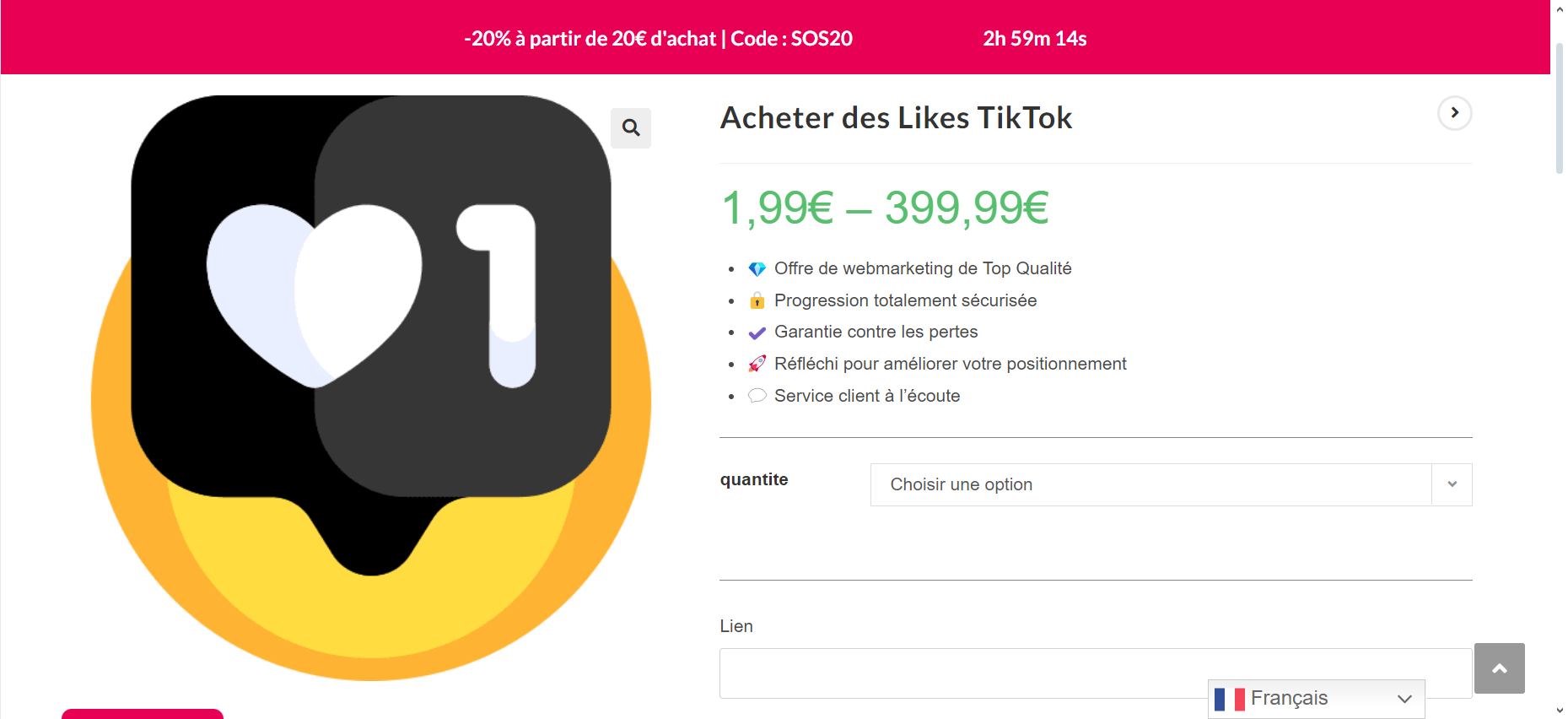 Her er en oversigt over de priser, som Sosvues tilbyder for køb af likes på TikTok