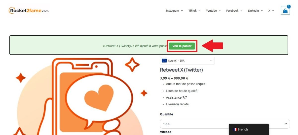 Capture d'écran de l'option Voir le panier sur le site de Rocket2Fame