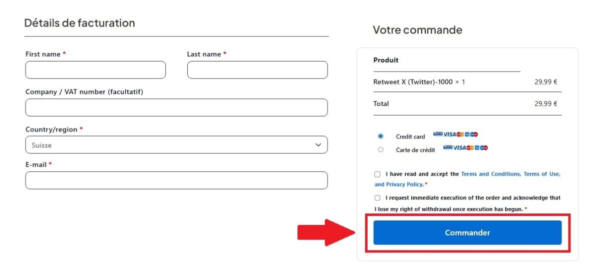 Screenshot de la finalisation de l'achat de retweets sur Rocket2Fame via le paiement