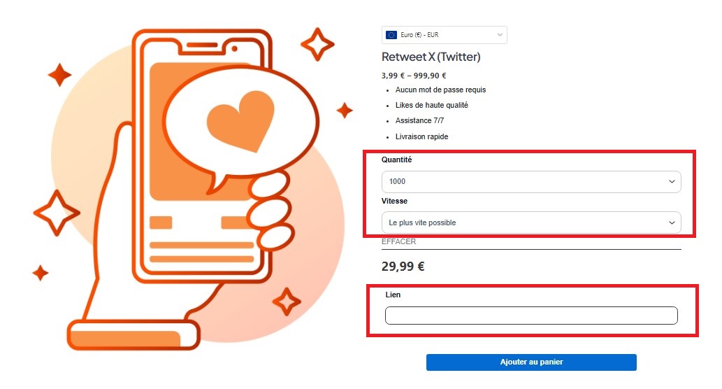 Screenshot des informations à remplir avant d'acheter des retweets X sur Rocket2Fame