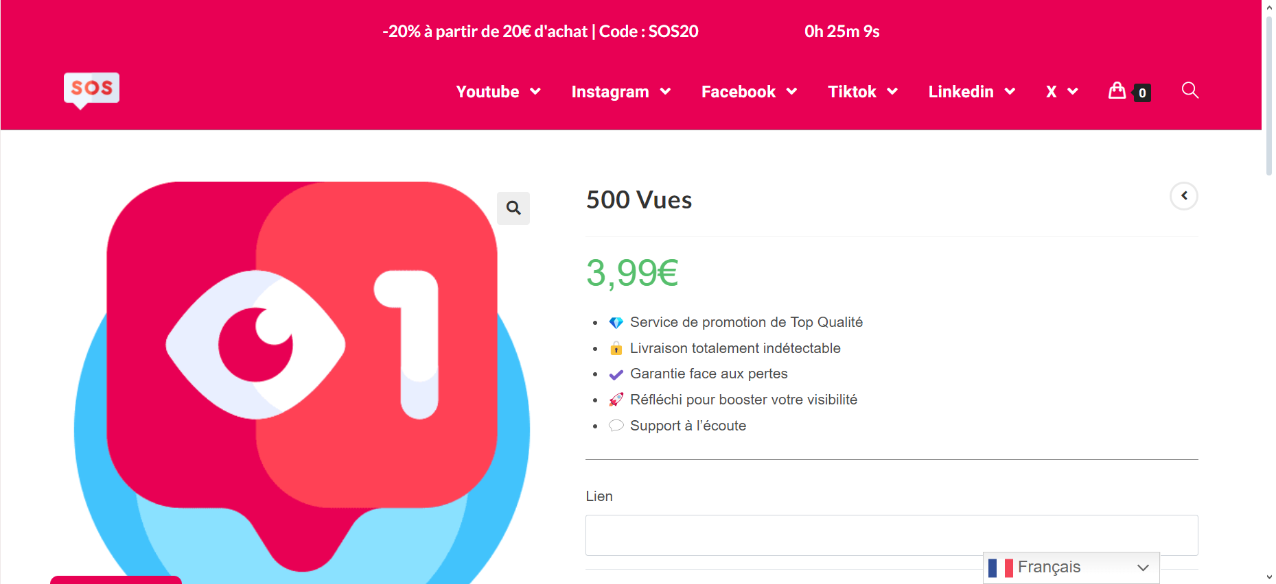 使用 Sosvues，在 YouTube 上购买 500 次浏览量，3.99 欧元起！