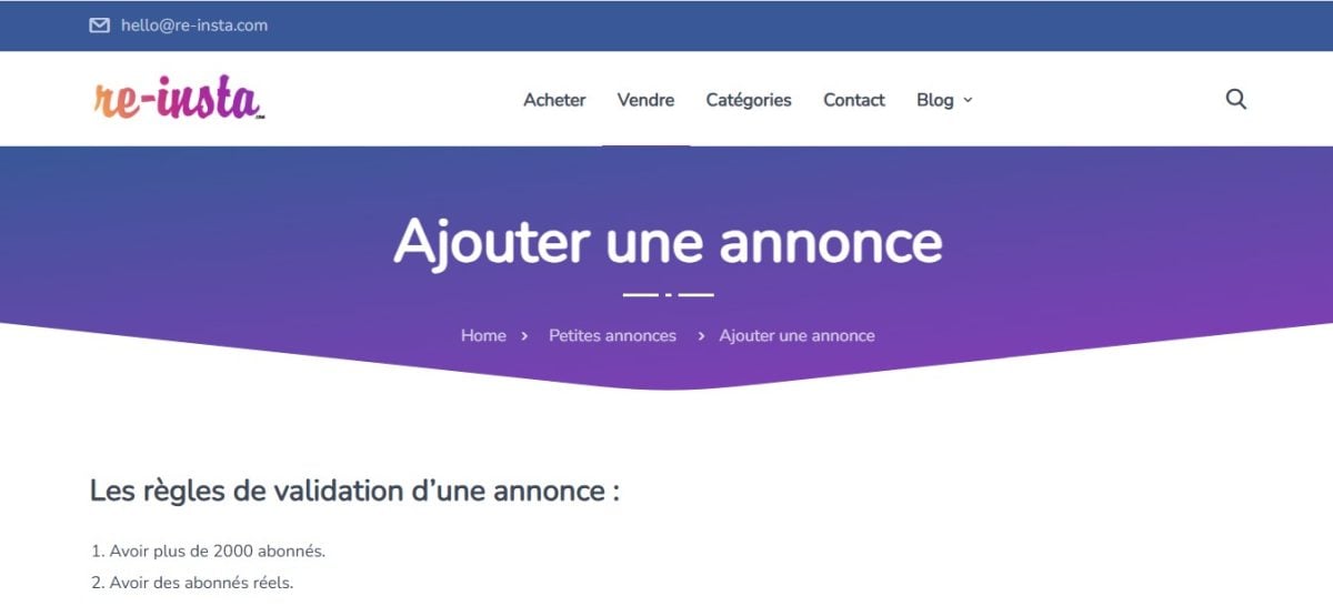 Schnittstelle der Re-insta-Website, die es Ihnen ermöglicht, ein Instagram-Konto zu verkaufen