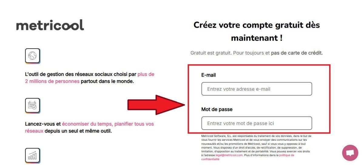 Mendaftar dengan alamat email di Metricool