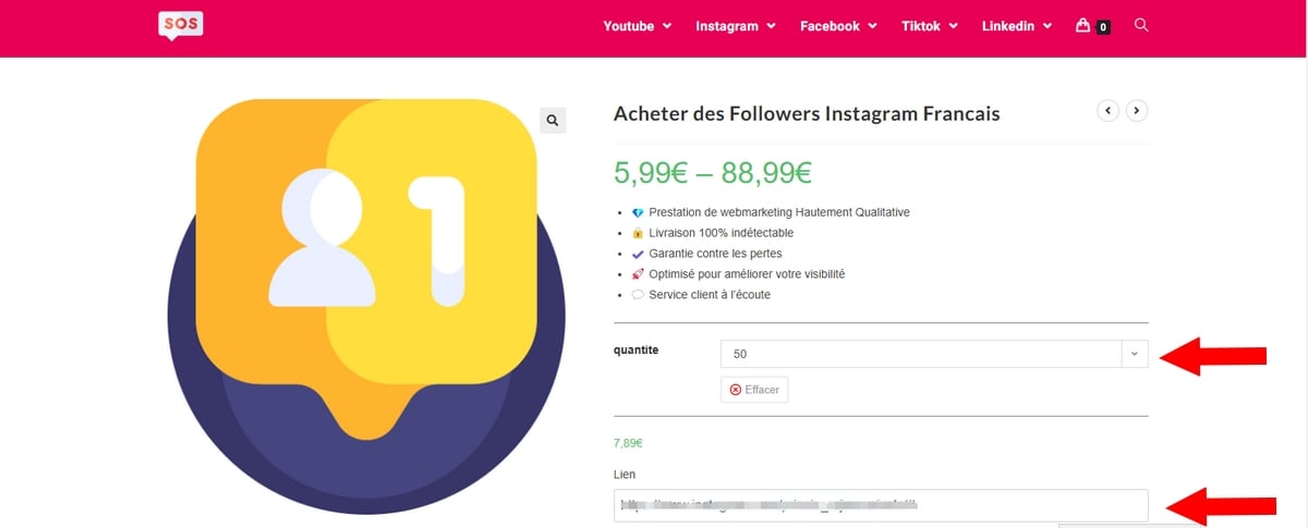SOSVues.comのインターフェイスのスクリーンショット。1） インスタのフォロワーの数を追加します。2） Instagram のプロフィールの url を挿入します。 