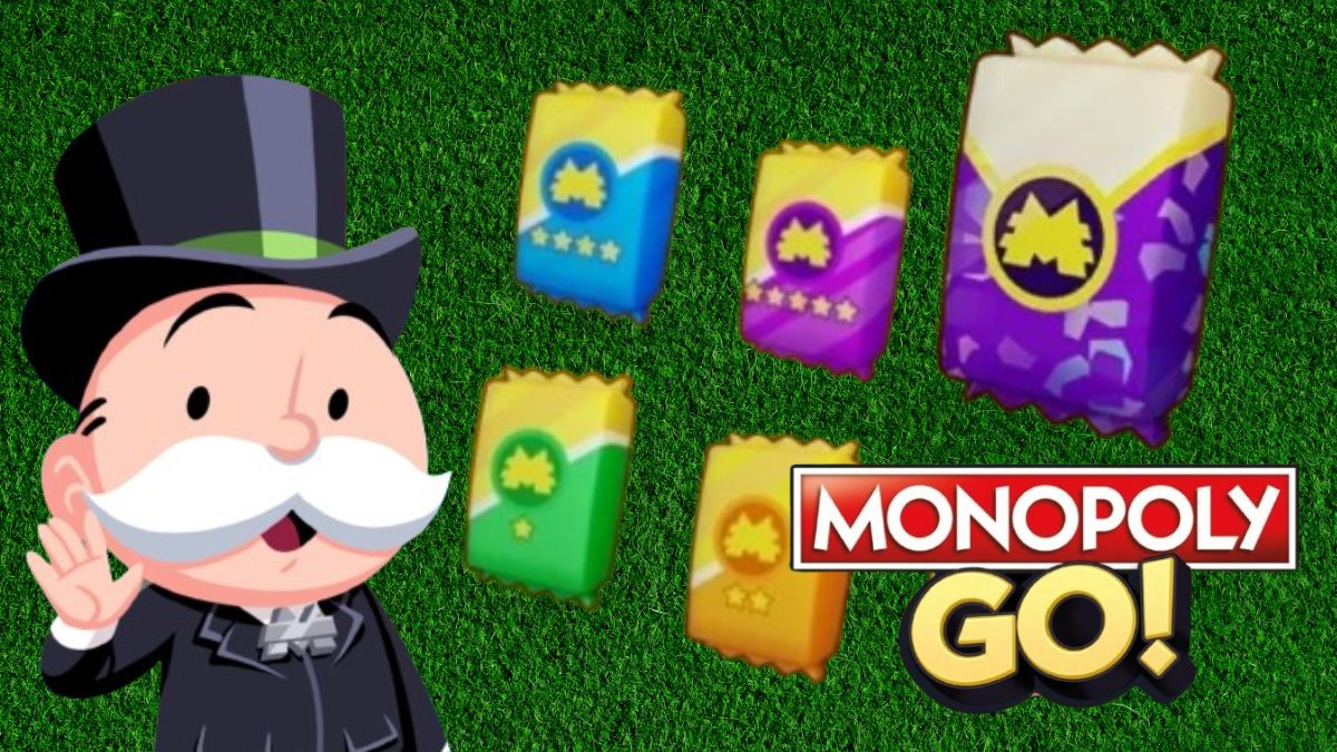 Illustrazione dei pacchetti di adesivi Monopoly Go