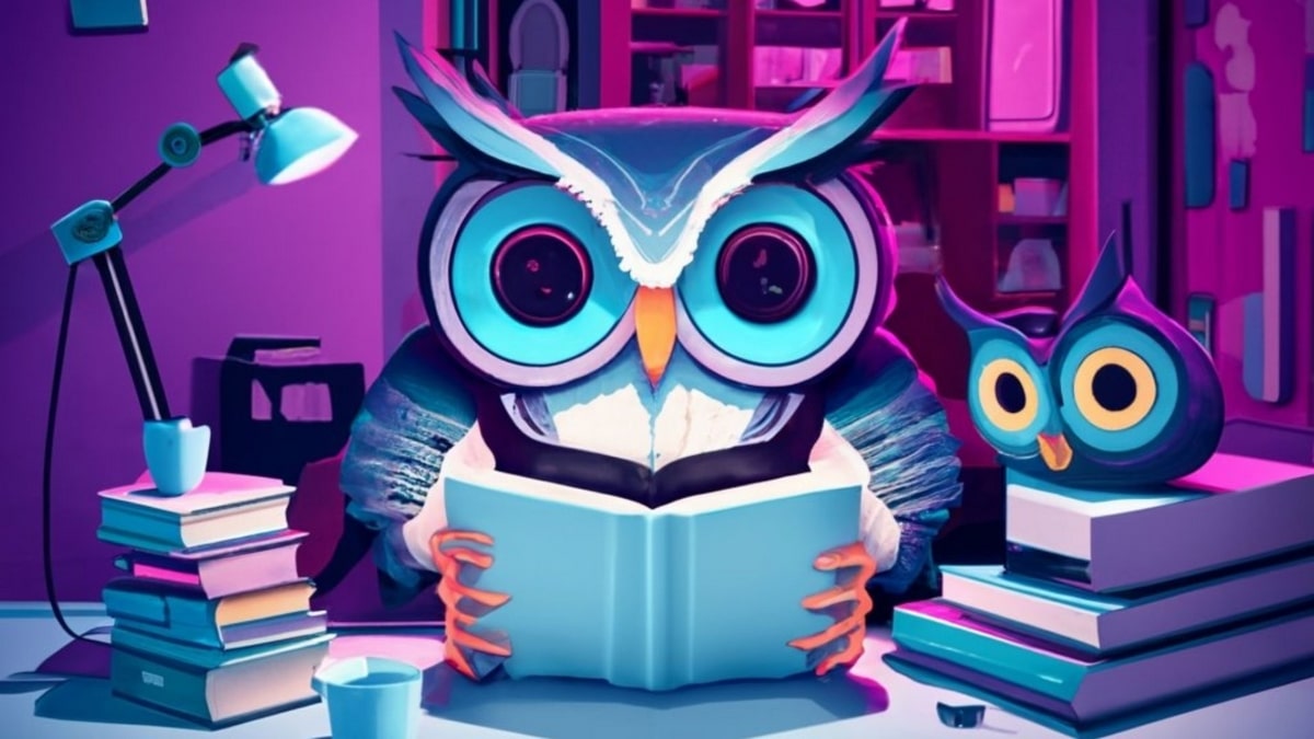 Gambar burung hantu yang sedang membaca manga pada buku yang diterangi, mengilustrasikan situs web Manga Owl 