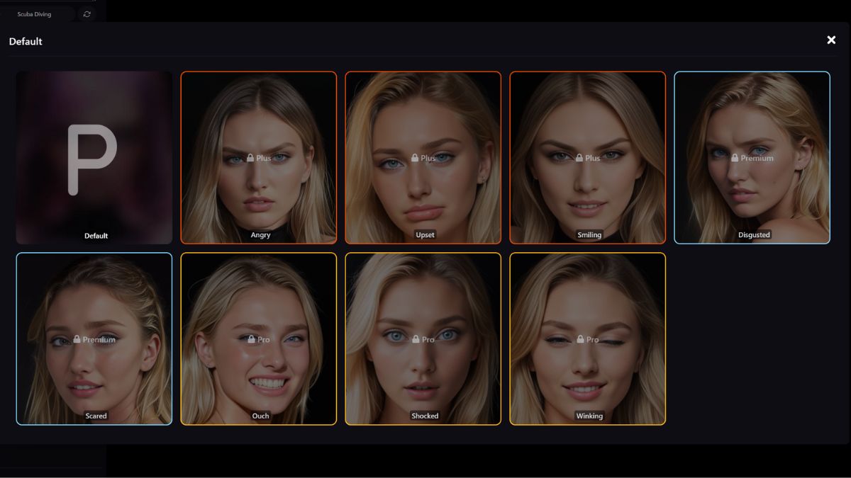 Screenshot zur Auswahl der Emotionen deines Charakters auf Promptchan AI
