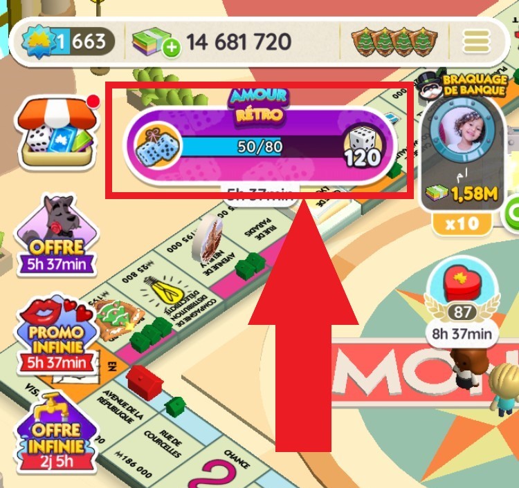 Illustration en Image d'un exemple d'événement sur l'écran du jeu Monopoly Go
