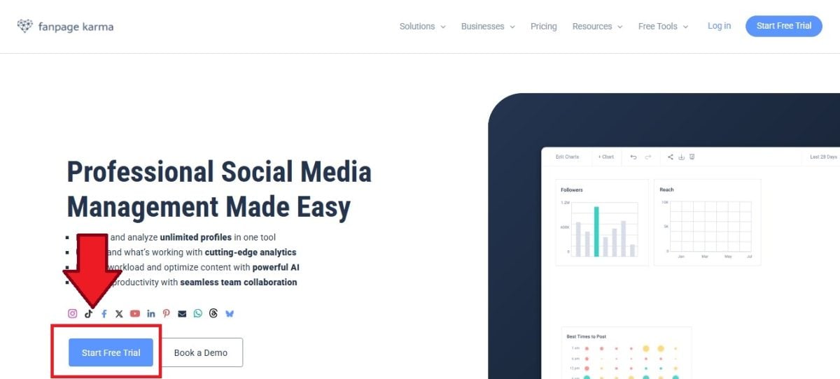 Bouton Start Free Trial pour utiliser Fanpage Karma gratuitement