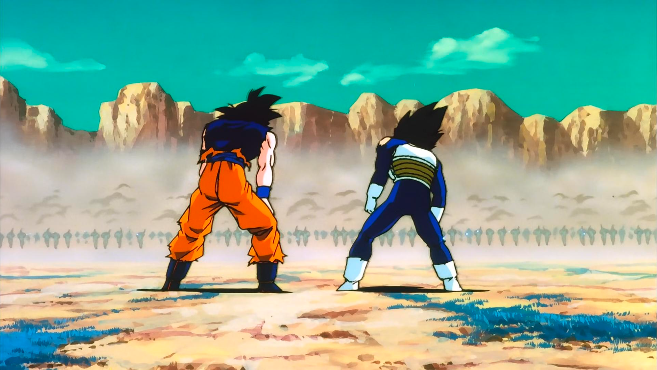 Esta imagen, tomada de Dragon Ball Z: Cien mil guerreros de metal (1992), muestra a Goku y Vegeta enfrentándose a un imponente ejército de Metal Coolers, réplicas robóticas del hermano de Freezer, en un campo de batalla desértico.