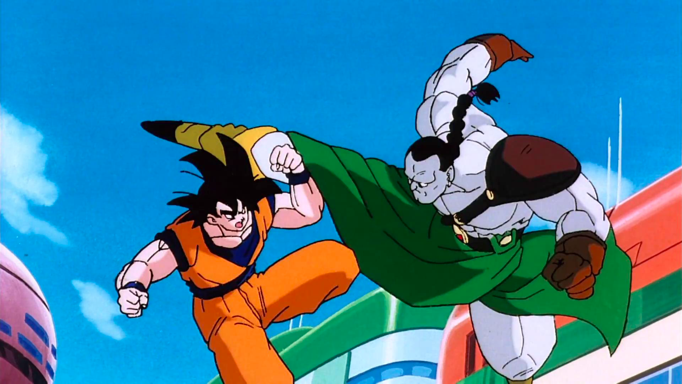 Esta imagen, tomada de Dragon Ball Z: Cyborg Offensive (1992), muestra a Goku luchando contra uno de los cyborgs, C-14, una de las creaciones del Dr. Gero.