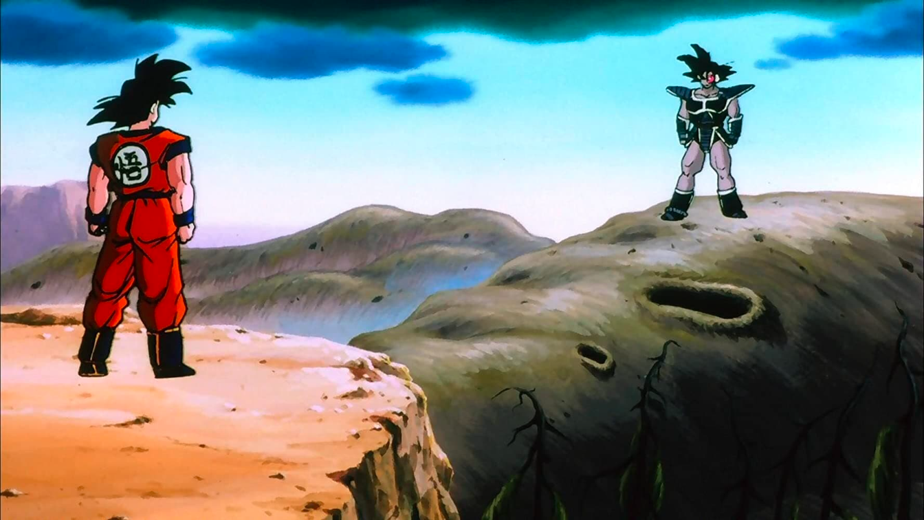 Esta imagen, tomada de Dragon Ball Z: The Tree of Might (1990), muestra un tenso cara a cara entre Goku y Tales.