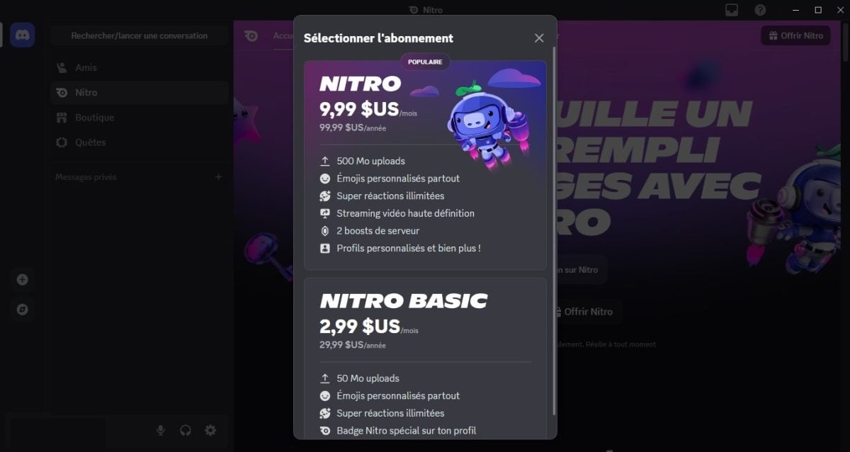 Choix de l'abonnement Nitro à souscrire