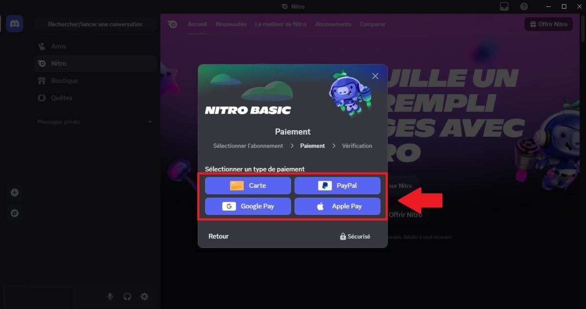 Choix du mode de paiement pour Nitro sur Discord