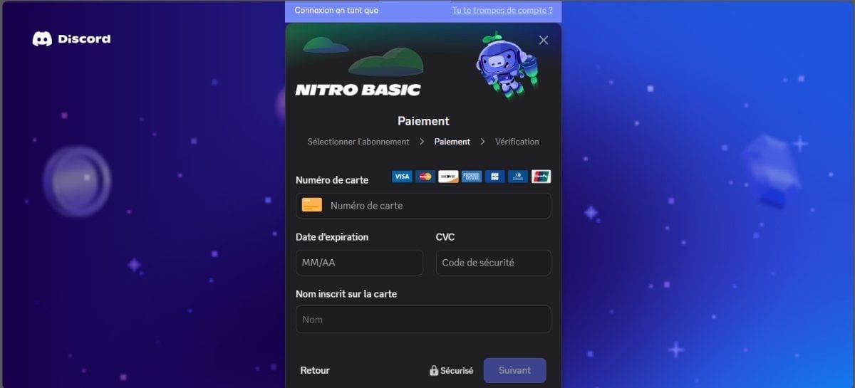 Finalisation du paiement pour avoir Discord Nitro