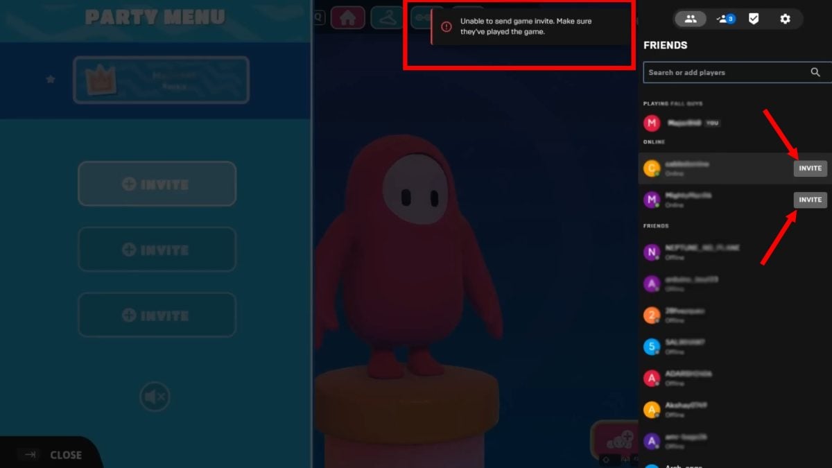Opción Invitar para invitar a tus amigos a jugar a Fall Guys contigo. La opción imposible se muestra si la persona no ha descargado el juego.©️ Princia para Alucare.fr