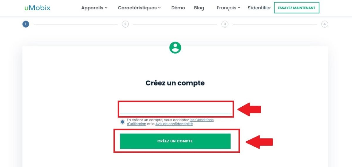 Screenshot de l'ajout d'une adresse e-mail pour s'inscrire sur Umobix