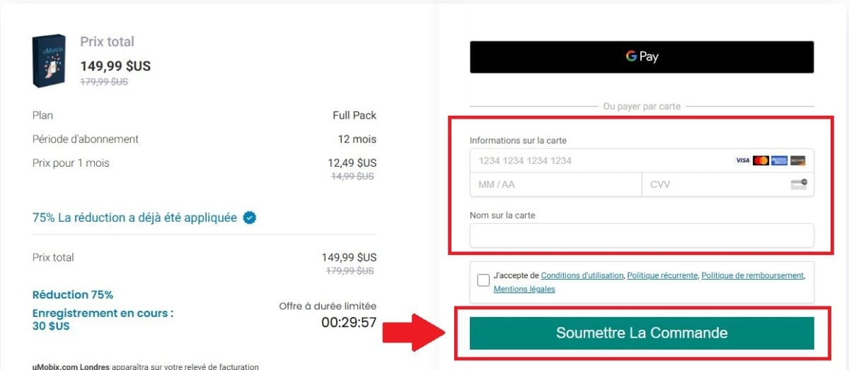 Screenshot du paiement de la commande sur Umobix
