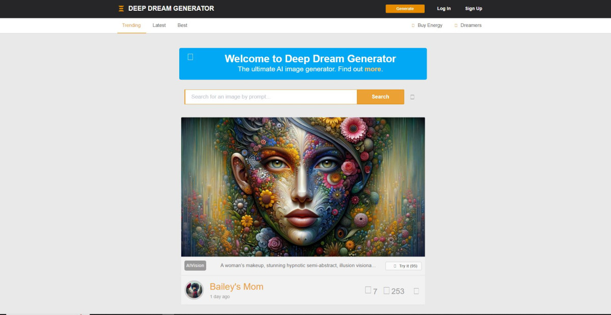 Illustration en image de l'interface de Deep Dream Generator