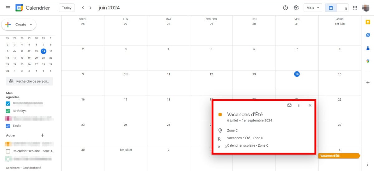 Capture faite sur Google Agenda pour afficher la semaine sur l'appli