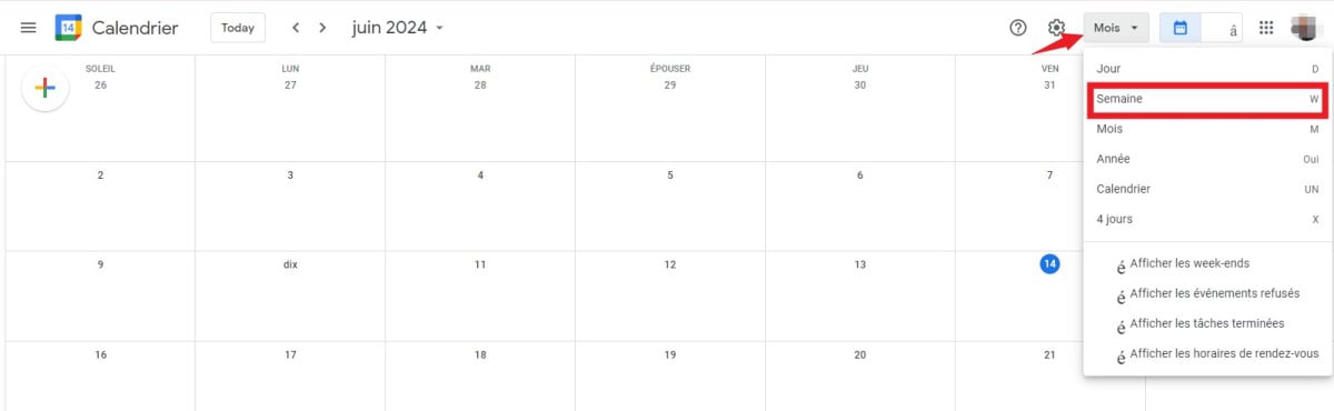 Afficher la semaine sur Google Agenda