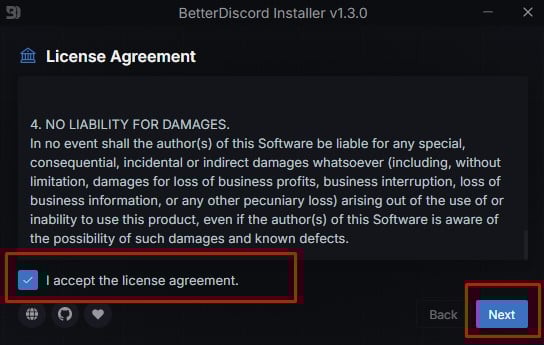 Aceptación de los términos del acuerdo de licencia BetterDiscord