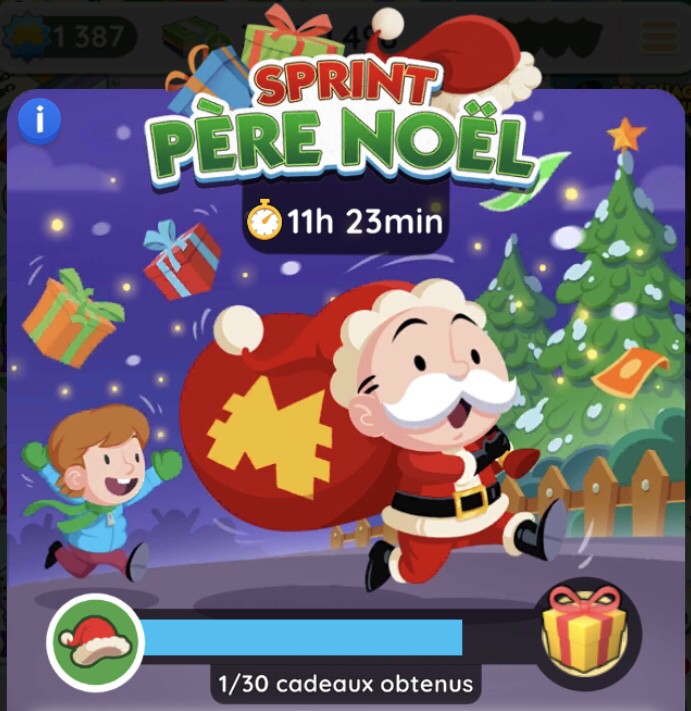 Illustrazione del torneo Sprint di Babbo Natale in Monopoly Go