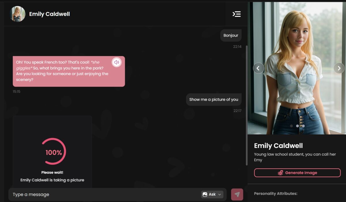 Screenshot eines Chats mit einer KI (Emily) auf der Website candyAI, die ein Bild sendet