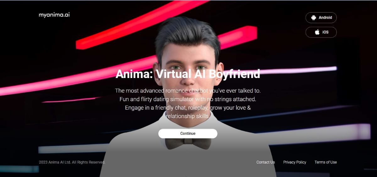 Screenshot de la page d'accueil de l'application Amina Virtual AI Boyfriend