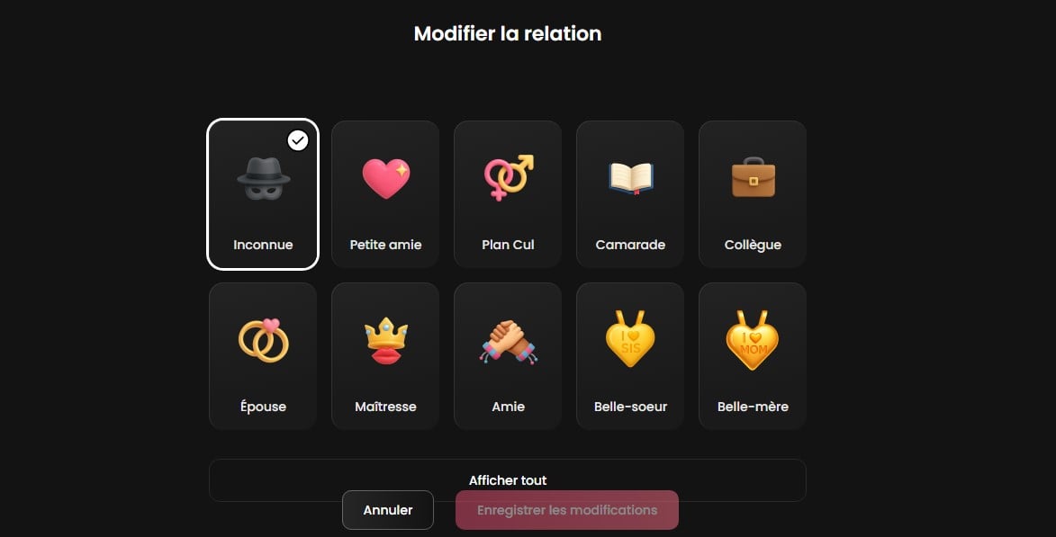 Выбор типа отношений с персонажем, которого нужно создать на Candy.ai