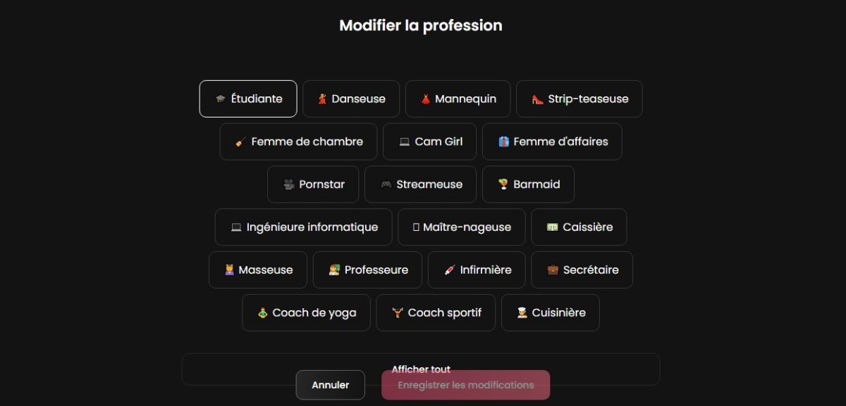 Несколько примеров профессий, предложенных для ИИ-подружки на Candy.ai