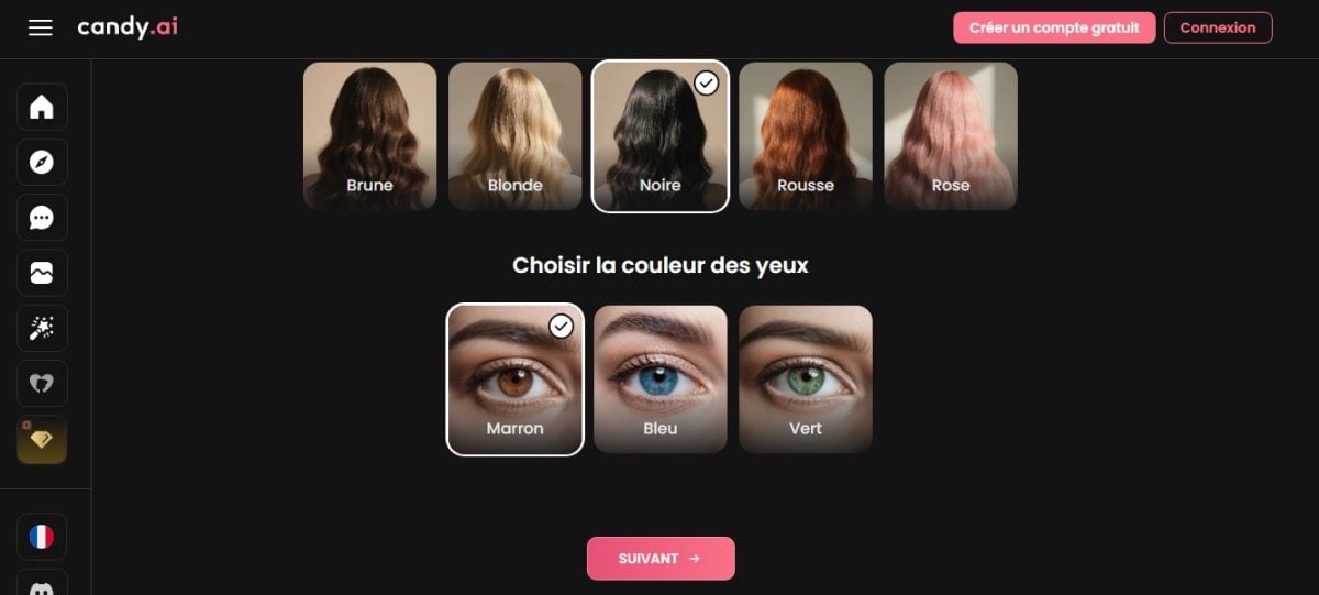Скриншот выбора цвета глаз ИИ-подружки на сайте Candy.ai
