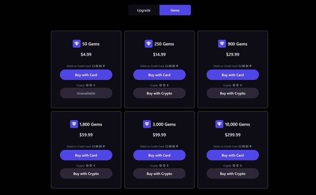 Screenshot des tarifs pour l'achat de Gems de l'application PromptChan.AI
