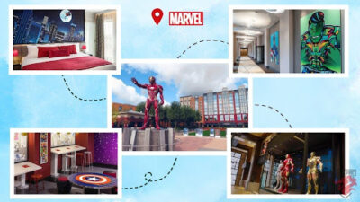 Foto mostrando os vários edifícios do hotel e as atracções da Marvel