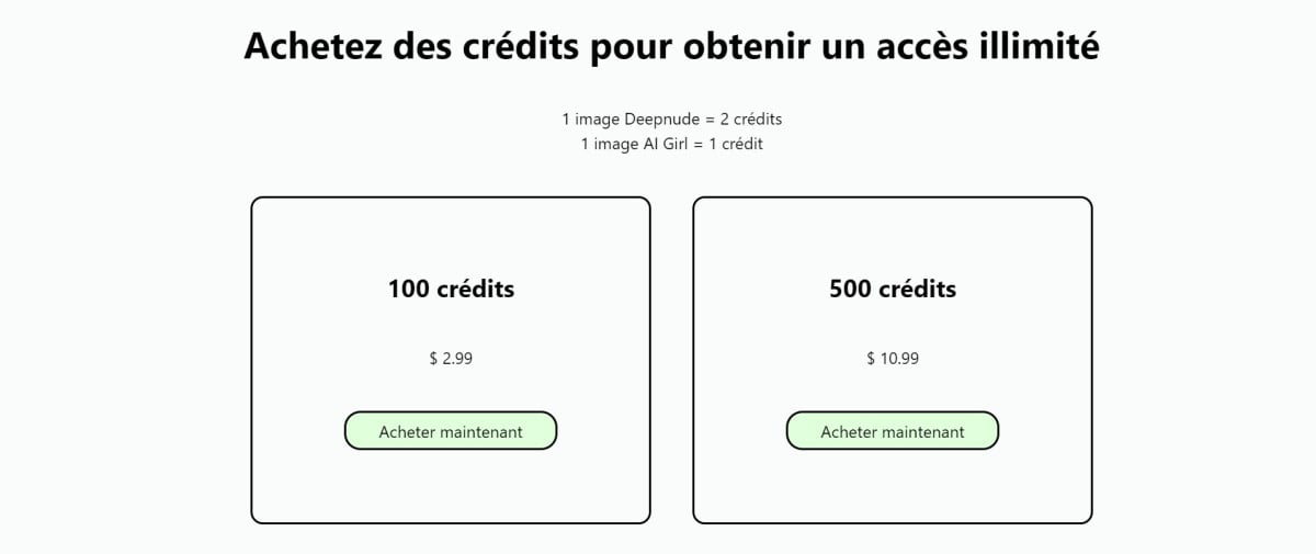 Screenshot illustrant les crédits de la plateforme Deep Nude.AI