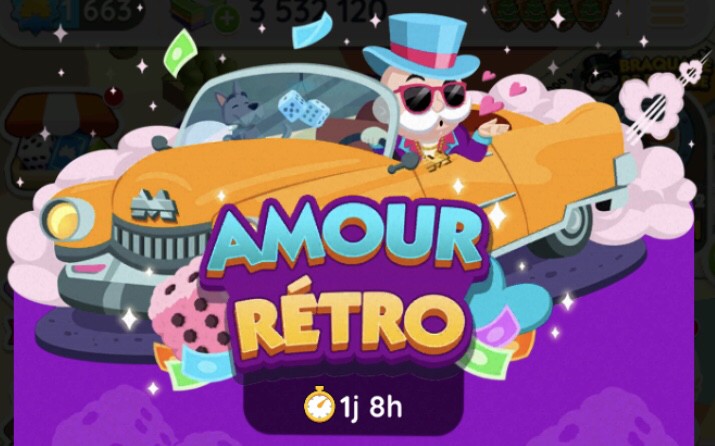Illustration of the Amour Rétro event in Monopoly Go