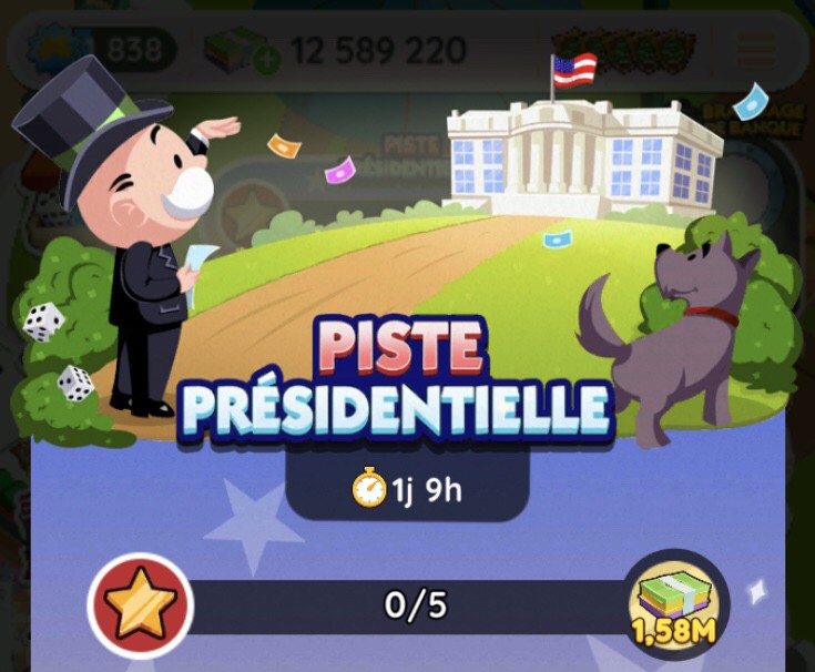 Bildillustration des Ereignisses "Präsidentenpiste" in Monopoly Go