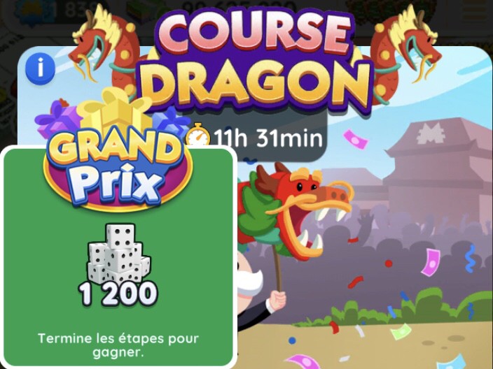 Illustration in Bild des Endpreises des Dragon Race Turniers in Monopoly go