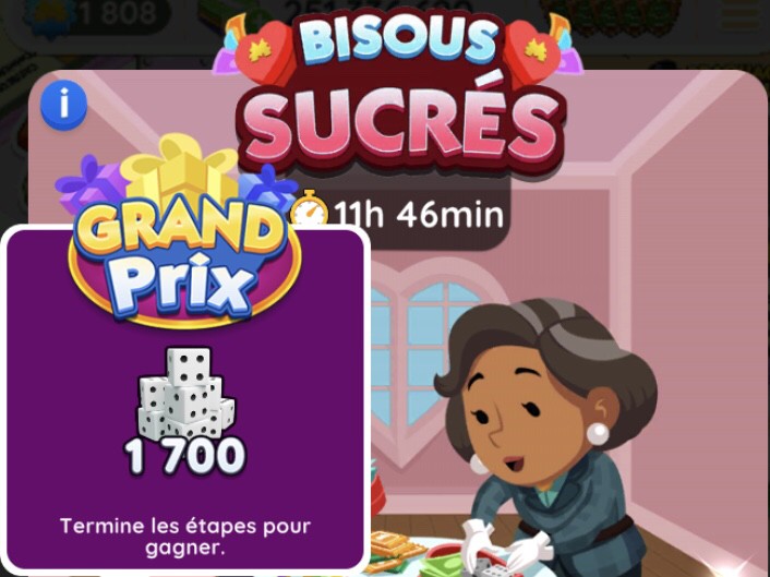 Illustration en Image du nouveau prix final du tournoi Bisous sucrés dans Monopoly Go